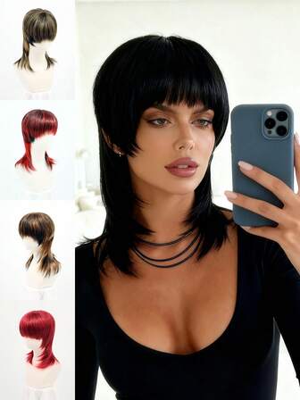 1 Pc Natural Black Wig 14 Inch Short Layered Pixie Cut With Bangs Mullet Wig Halloween Costumes Women Synthetic Heat Resistant Wigs For Cosplay,Halloween,Christmas And Daily Life(Red And Intermediate Colors)