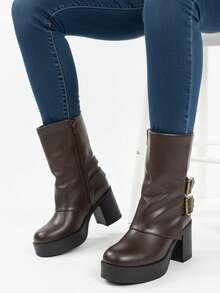 Stivaletti Platform In Ecopelle Con Fibbie Decorative - Brown - View 3