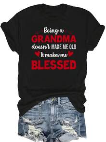 [Camiseta de Moda Casual] Camiseta suave y cómoda para mujer - Cita "Abuela B-Lessed" Manga corta casual cuello redondo, regalo perfecto para la abuela y la mamá, uso casual de primavera y verano - Negro - Ver 1