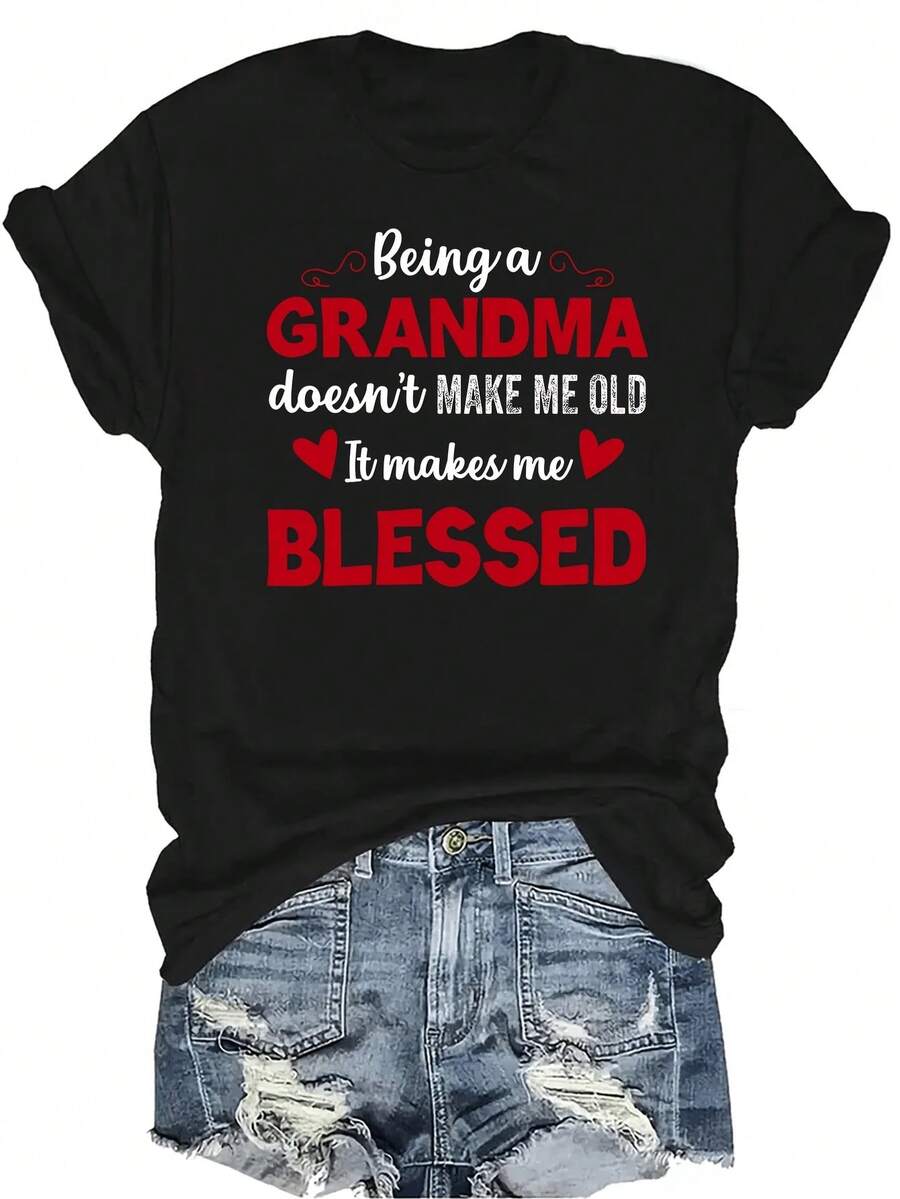 [Camiseta de Moda Casual] Camiseta suave y cómoda para mujer - Cita "Abuela B-Lessed" Manga corta casual cuello redondo, regalo perfecto para la abuela y la mamá, uso casual de primavera y verano - Negro - Ver 1
