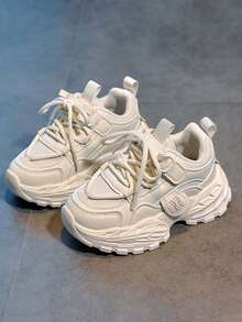 1 Pair Fashion Children's Sports Shoes, PU Leather Patchwork Waterproof Low-Top Thick Sole Non-Slip Running Shoes, Campus Style Boys & Girls Comfortable Casual Shoes, Students Shoes Suitable For All Seasons