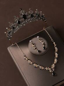 4pcs Black Bridal Crown, Necklace, Earrings Jewelry Set, Elegant Wedding Party Accessories