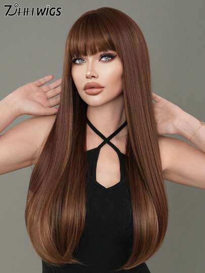7JHH WIGS Wig Panjang Lurus Cokelat dengan Sorotan Pirang untuk Wanita, Wig Sintetis Berbulu 26 Inci dengan Poni, Wig Sintetis Berbulu Tahan Panas untuk Pemakaian Sehari-hari, Pesta Festival Musik
