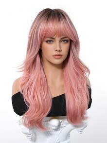 24 Inch Long Wavy Wigs With Bangs Dark Roots Brown Wigs For Women Brown Ombre Hair With Blonde Wigs,Heat-Resistant Synthetic Wigs For Daily Party Cosplay Wigs - Pink Ombre - View 4