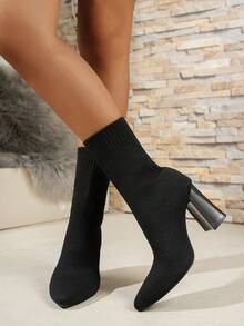 Women's Boots 2025 Autumn New Pointed Toe Knitted Elastic Ankle Boots Thick Heel High Heel Skinny Boots High Heel Socks Boots Slim Solid Color Party Black Boots