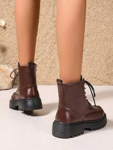 女士保暖内衬冬季靴，黑色和棕色厚底工装靴，带毛绒内衬，侧拉链系带真皮厚底靴，秋冬季 - 棕色 - 查看 4