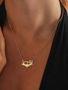 Collar personalizado con nombre y colgante hueco de murciélago, collar de pareja personalizado, joyería de acero inoxidable, regalo para Halloween, Navidad, cumpleaños - Dorado - Ver 7
