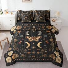 Feelyou 7pcs Death Moth Comforter Set,Boho Butterfly Bedding Set,Include 1 Comforter+1 Flat Sheet+1 Fitted Sheet+2 Pillowcases+2 Pillowsham,For Twin,Full,King,Queen Bed Sizes,Bed In A Bag,Super Soft And Breathable,Easy Care All Seasons,Bed       In A Bag,Wonderful Room Decor,Holiday Gift - 黑色 - 查看 3