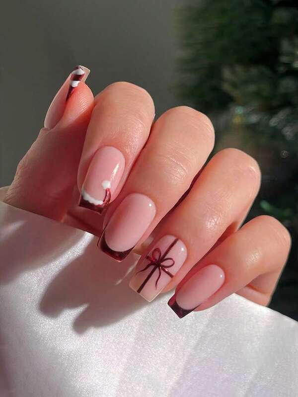 24pcs Shiny Elegant Christmas Santa Hat Nail Stickers, Red French Manicure, Christmas Gift Nail Art Decals