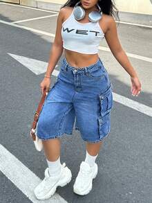 女式中蓝色牛仔裤 - 中腰宽松工装风格休闲街头日常牛仔裤 - 中等水洗藍 - 查看 5