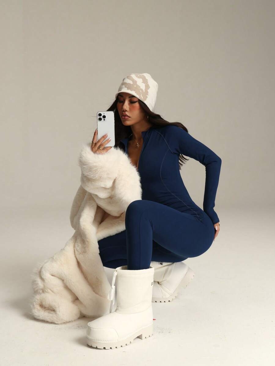 PinkTip 1pc Women's Fashion Long Sleeve Jumpsuit, Thermal Lining, Zipper Closure, Elastic Waist, Slim Fit, Comfortable All-In-One Outfit, Suitable For Autumn/Winter