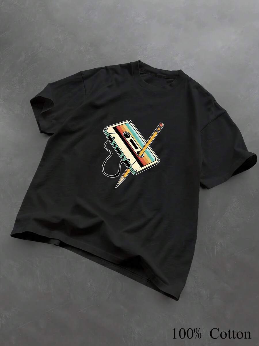 1PC 100% Cotton Retro Cassette Tape and Pencil Art Print Women's Short Sleeve TShirt Graphic Top Casual Tee 87 Characters - Negro - Ver 1