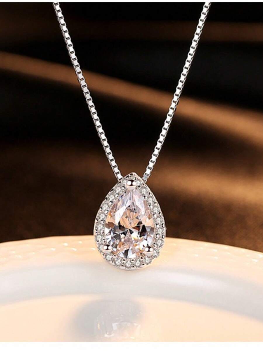 925 SILVER DROP NECKLACE With Warranty Zirconia Trimmer For Women Delicate 18K GOLD PLATED SEMI-JEWELRY - 銀色 - 查看 1