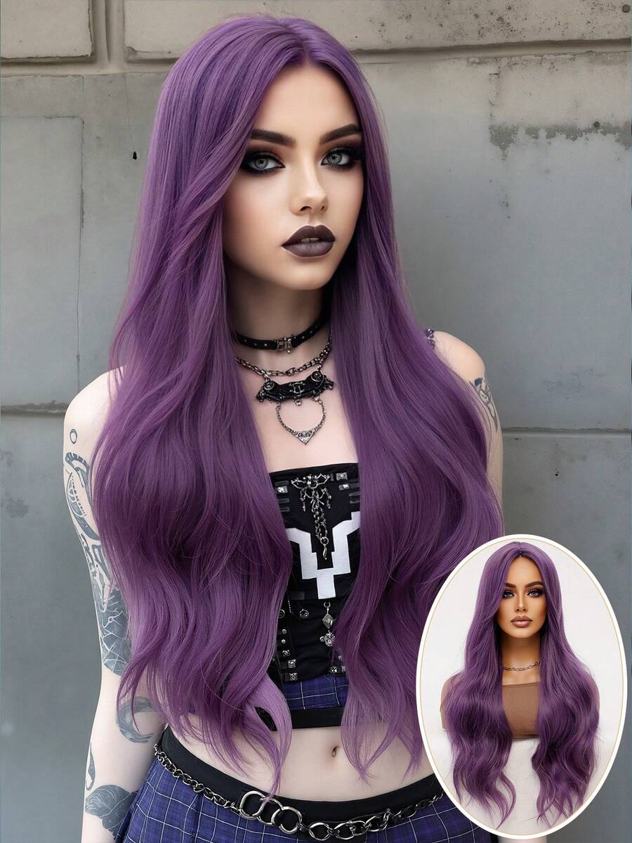clouder Purple Extra Long Curly Wig 30 Inch Cosplay Wig Halloween Christmas Wig Elegant Soft Matte Hair Loose Curls Casual Outing Street Punk Wig Rock Wig Fluffy Natural Cool Girl Synthetic Heat-Resistant Fiber Wig Suitable For Women Daily Party Wig Music Festival Wig Avant-Garde College Style Wig Modern Fashion Gothic Wig - 紫色 - 查看 1