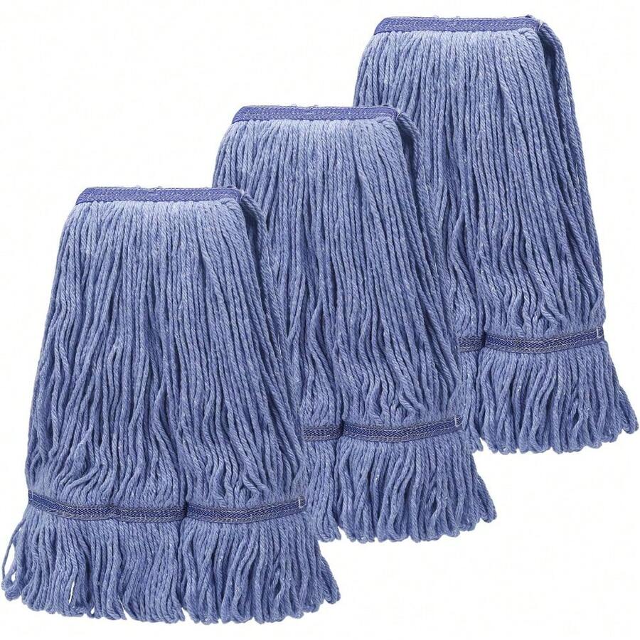 3-Pack Heavy-Duty Loop Mop Replacement Heads - Industrial Grade Blue Cotton Blend Wet Mop Refills For Commercial Use - 藍色 - 查看 1