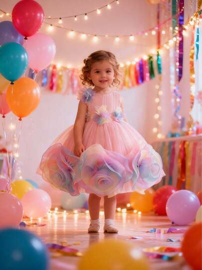 1 件女婴优雅花卉装饰无袖网眼派对连衣裙，适合小女孩参加正式场合/生日/摄影服装