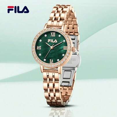  Reloj de cuarzo premium para damas FILA - Marco de cristal brillante, esfera de perla y brazalete de acero | Regalo lujoso para ella