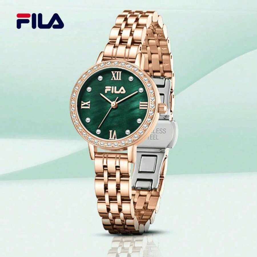 FILA Premium Ladies' Quartz Watch – Shiny Crystal Frame, Pearl Face & Steel Bracelet | Luxurious Gift For Her
