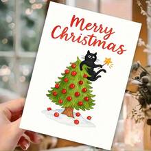1pc Funny Christmas Card-Christmas Cards With Envelopes With Santa Claus, Reindeer And Dog Decorating The Christmas Tree, Suitable For Holiday Wishes And Celebratory Gifts For Friends, Family And Colleagues