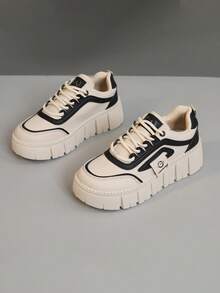 1 双女式休闲运动厚底运动鞋，圆头系带户外皮鞋，春夏