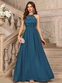 MIUSOL Đầm maxi dự tiệc trang trọng, hở lưng, xếp ly, chất liệu chiffon đính sequin và ren hoa, thích hợp cho khách dự đám cưới, lễ tốt nghiệp, tiệc chiêu đãi và các dịp khác, ngày lễ tình nhân mùa xuân. - Màu xanh bụi bặm - Xem 2