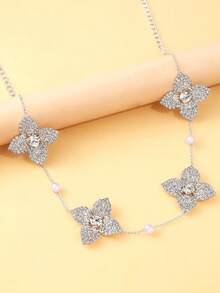 1 件花卉设计项链，时尚新娘水钻颈链，百搭项圈项链 - 銀色 - 查看 4