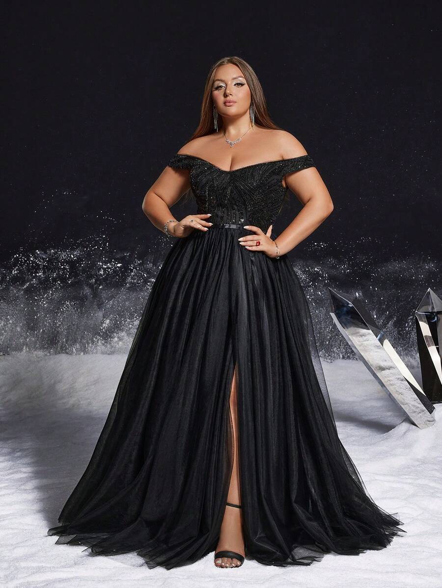 VIPGIRL Plus Size Elegant Black Off-Shoulder Beaded Tulle Evening Gown With High Slit, Women's Formal Party Dress, Elegant Party, Prom Dresses, Ball Gowns - Black - View 1