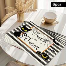 4 piezas Manteles individuales de lino con estampado de fantasma a rayas y gatito para Halloween - Manteles rectangulares de lino tejido para decoración de comedor, cocina, mesa de café y mesa de comedor - Multicolor - Ver 15