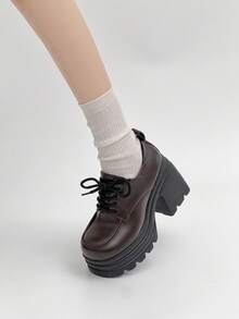 10cm Super High Heel Brown Thick Sole British Style Small Leather Shoes, Chunky Heel Mary Jane Loafers, Versatile Lace-Up Shoes For Commuting - Brown - View 10