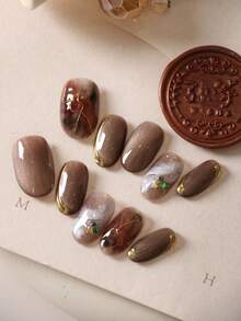 10片装假指甲，深棕色猫眼造型，铂金色光环设计，简约风格，适合办公室和日常佩戴，包含1张贴纸和1个迷你指甲锉。 - 彩色 - 查看 2