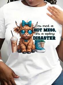 Women'S Plus Size Casual Crew Neck T-Shirt With Cute Highland Cow Graphic,  , Slight Stretch, Summer Short Sleeve Top, Animal Pattern,  - Black,220g