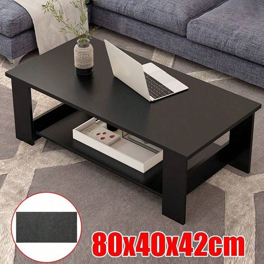 Modern Coffee Table Living Room Tea Side End Desk With Lower Storage Shelf Black - Black - View 1