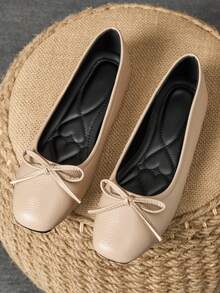 MonaNise Damen Mode Quadratische Zehenkappe Flache Schuhe mit Schleife in Apricot, Schwarz & Weiß Outdoor Lässig High-End Khaki vielseitige Ballerinas - Aprikosenfarben - Übersicht 2