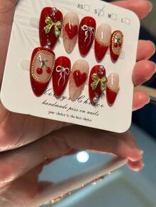 10pcs Retro Vintage Cherry Nail Stickers, Handmade 3D Cherry, Bowknot Almond Shaped Nail Art, Cute Vintage Gold Nail Decals, Handpainted Bow & Heart Nail Stickers, Suitable For New Year, Holidays, Stylish Bling Gold Studs, Reusable Press-On Nails, Y2K Nails(Random Delivery). - 隨機 - 查看 7
