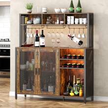 Industrial Rustic Coffee & Wine Bar Cabinet, Kitchen Buffet Sideboard With Liquor Storage, Brown Wooden Bar Organizer