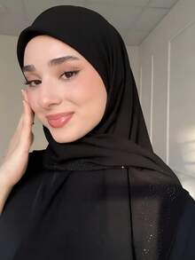 1pc Rhinestone Embellished Thin Chiffon Muslim Headscarf, Solid Color Lightweight Casual Scarf, Beach Shawl, 140*140cm