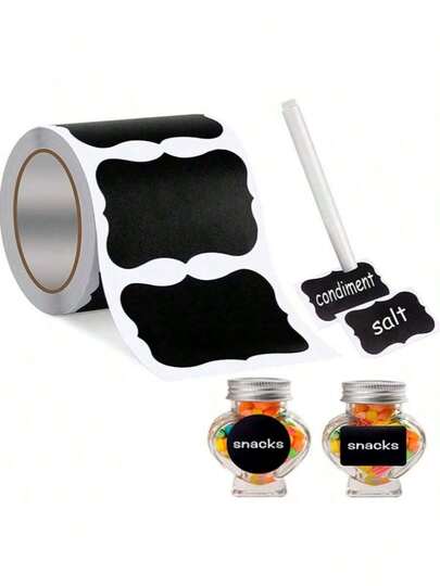 1/3 卷（每卷包含 120 个标签）黑板玻璃罐标签贴纸，可重复使用的黑色防水标签贴纸，波浪形标签，适用于厨房和食品储藏室组织，非常适合容器、罐子、香料和食品储存