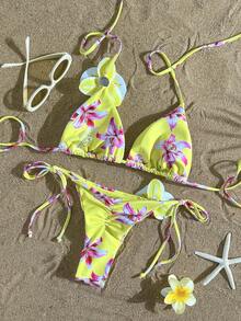 Conjunto de Maiô Bikini Fio Dental com Alça Halter Sem Costas e Amarração Nas Costas com Estampa Floral e Amarração Nas Laterais, Tecido de Alta Elasticidade, Conjunto com Sutiã Halter, 2 Peças, Verão, Praia, Férias, Looks de Verão para Mulheres, Looks de Praia para Mulheres, Roupa de Praia Feminina, Maiô Bikini com Sustentação, Vestido Floral Feminino, Maiô Bikini Estiloso, Maiôs Estilosos