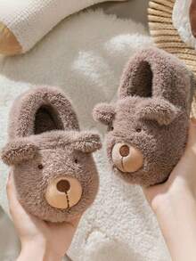 1 Pair Baby Cartoon Thermal Lined Flat Heel Casual Shoes, Suitable For Autumn/Winter - Khaki - View 9
