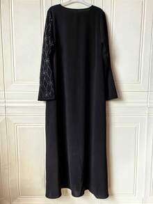 Elegante Vestido Longo de Robe Feminino em Cor Sólida, Estilo Turco, Acolchoado Diamante com Aplicação de Strass, Manga Longa com Zíper Até o Tornozelo