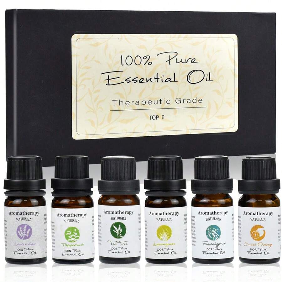 HALMAN 6pc Aceites Esenciales 100% Natural Para Difusor Y Spa,Aceites Esenciales de Aromaterapia, 10ml Aceite Esencial De Aromaterapia Aceite Esencial De Planta Para Humidificador Difusor Aceite De Fragancia De Aroma De Flor De Fruta, Para Desodorización De Sala De Estar Y Baño, para Difusor y Aromaterapia con Caja de Regalo Exquisita (Lavanda. Hierba de Limón, Menta Incluida, Arbol de Té, Eucalipto, Naranja). 6 x 10 ML,Aplicación Aromaterapia, Spray, Baño, Humidificación, Fabricación De Jabón de Manos, Fabricación de Velas. - paquete de 6 - Ver 1