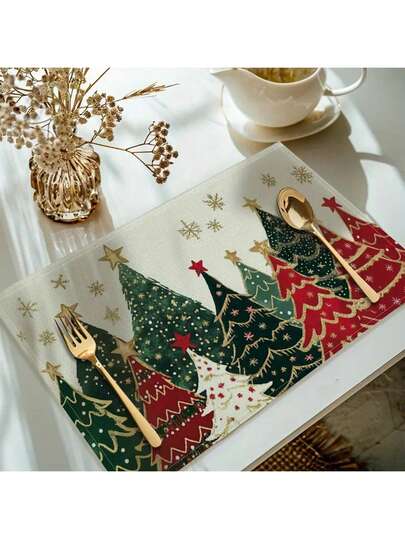 1pc/4pcs Merry Christmas Tree Linen Placemats Green And Red Golden Festive Winter Holiday Xmas Restaurant Kitchen Dining Room Table Decorations For Family Celebrations Party Decor Christmas Decorations For Home 2025 Gifts New Year 2026 Table Mat Ornament