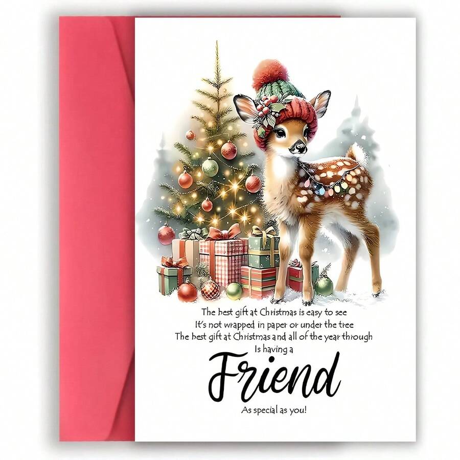 1pc Festive Christmas Card With Envelope - Adorable Deer & Tree Design, "The Heat At Christmas Is Easy To See" Quote, Perfect For Friends, Paper Material, No Power Needed, Holiday Greeting Card | Cheerful Holiday Design | Paper Card, Christmas Cards