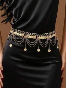 1 Piece Of Metal Retro Coin Waist Chain For Women, Adjustable Dress Waist Seal, Heart-Shaped Butterfly Flower Tassel Belt.