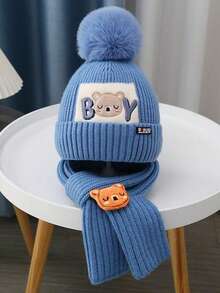 2pcs Teddy Bear Knit Hat & Scarf Set, Thick Warm Knitted Beanie, Suitable For Outdoor Use In Winter, Holiday Outfit, Comfortable Winter Holiday, Washable, Warm Fabric, Winter Accessory, Holiday Outfit Autumn Decor