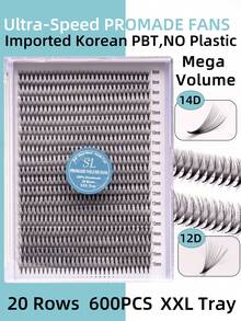 600 Stücke 20 Reihen XXL Tablett 12D 14D Mega Volumen Wimpern Handgefertigt Russisches Volumen Promade Volumen Fächer Ultra-Schnell Schmal Spitz Dünn Basis Importierte Koreanische PBT Faser Ultra Dunkel Weich C D Locken 8-15mm Vorgefertigte Fächer Wimpernverlängerungen Premium Profi