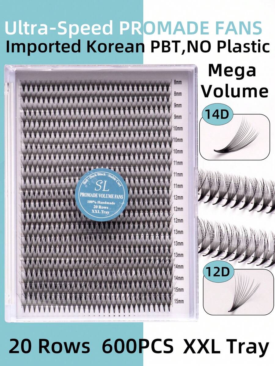 600 Stücke 20 Reihen XXL Tablett 12D 14D Mega Volumen Wimpern Handgefertigt Russisches Volumen Promade Volumen Fächer Ultra-Schnell Schmal Spitz Dünn Basis Importierte Koreanische PBT Faser Ultra Dunkel Weich C D Locken 8-15mm Vorgefertigte Fächer Wimpernverlängerungen Premium Profi