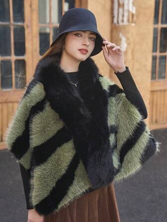 1 件复古时尚斑马纹仿皮草披肩，女士百搭，2025 年冬季新品