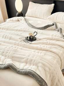 1pc Plaid Jacquard Trim Velvet Warm Thick Blanket, Soft & Skin-Friendly, Multi-Size & Multi-Purpose For Office, Living Room, Bedroom - White - View 8