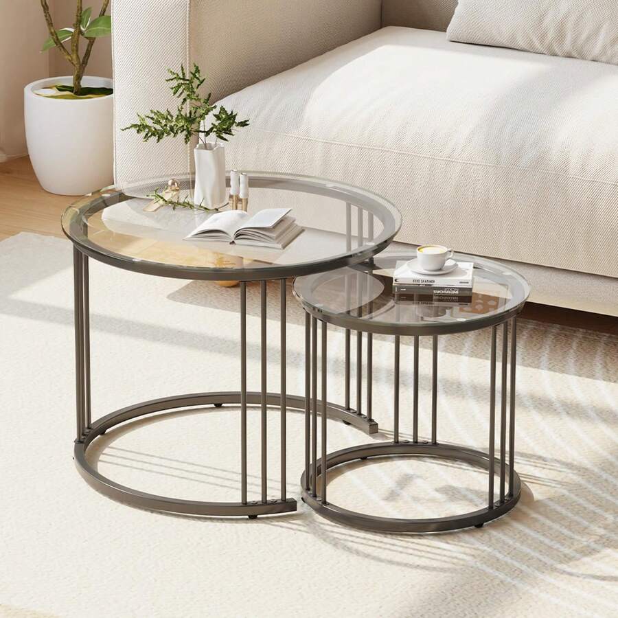 Nesting Coffee Table, 23.6" Round Coffee Table Set Of 2, Glass Nesting Table With Metal Frame, Ceter Tables For Living Room Bedroom Balcony - Black - View 1